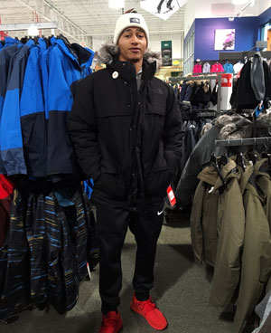 Trevor Davis tries one on.